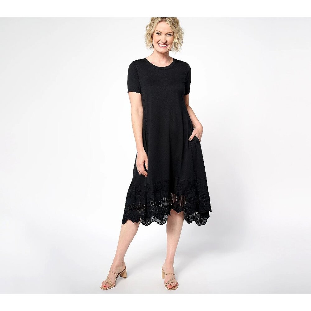 LOGO Lavish by Lori Goldstein Knit Dress Size Small Regular Lace Hem Black Chic